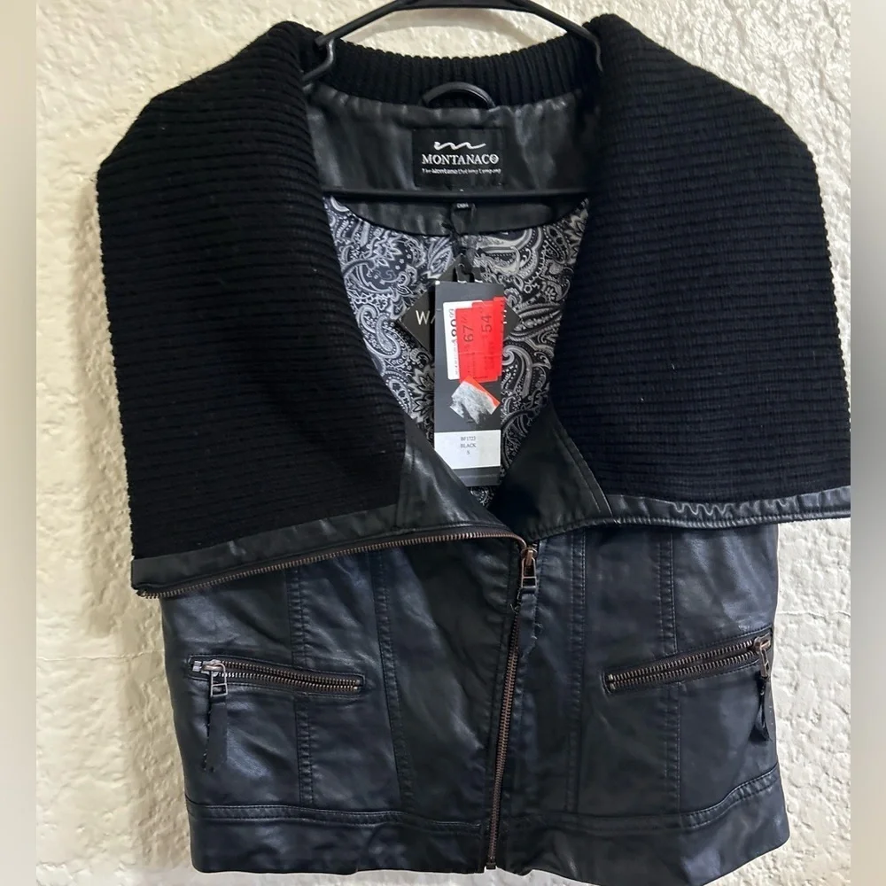 MontanaCo women’s vest faux leather cowl neck black size small new with‎ tags